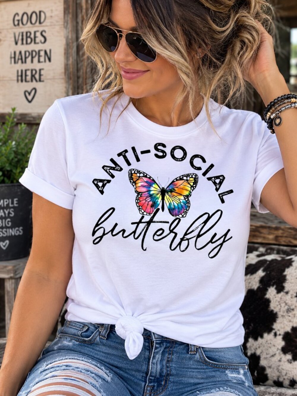 Anti Social Butterfly Graphic T Shirt Trendy Boutique Style Tee Women Gift White